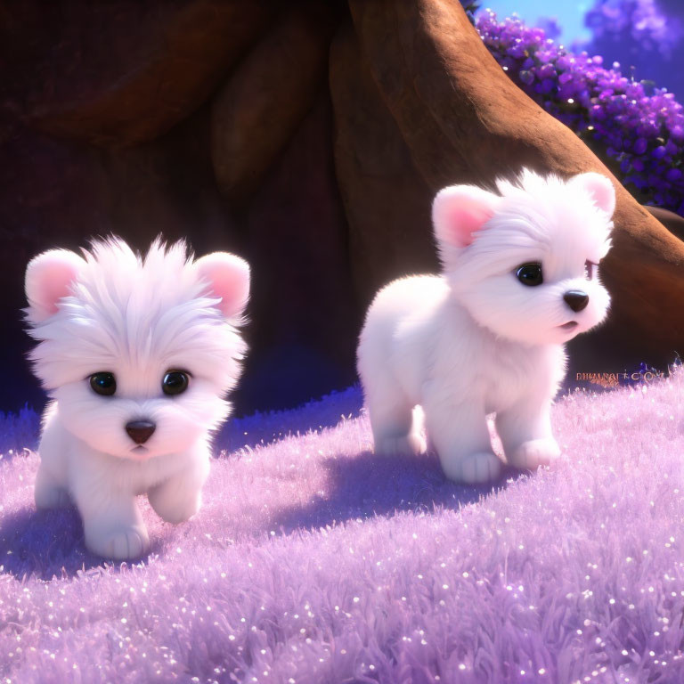 Fluffy White Animated Puppies in Purple Fantasy Landscape