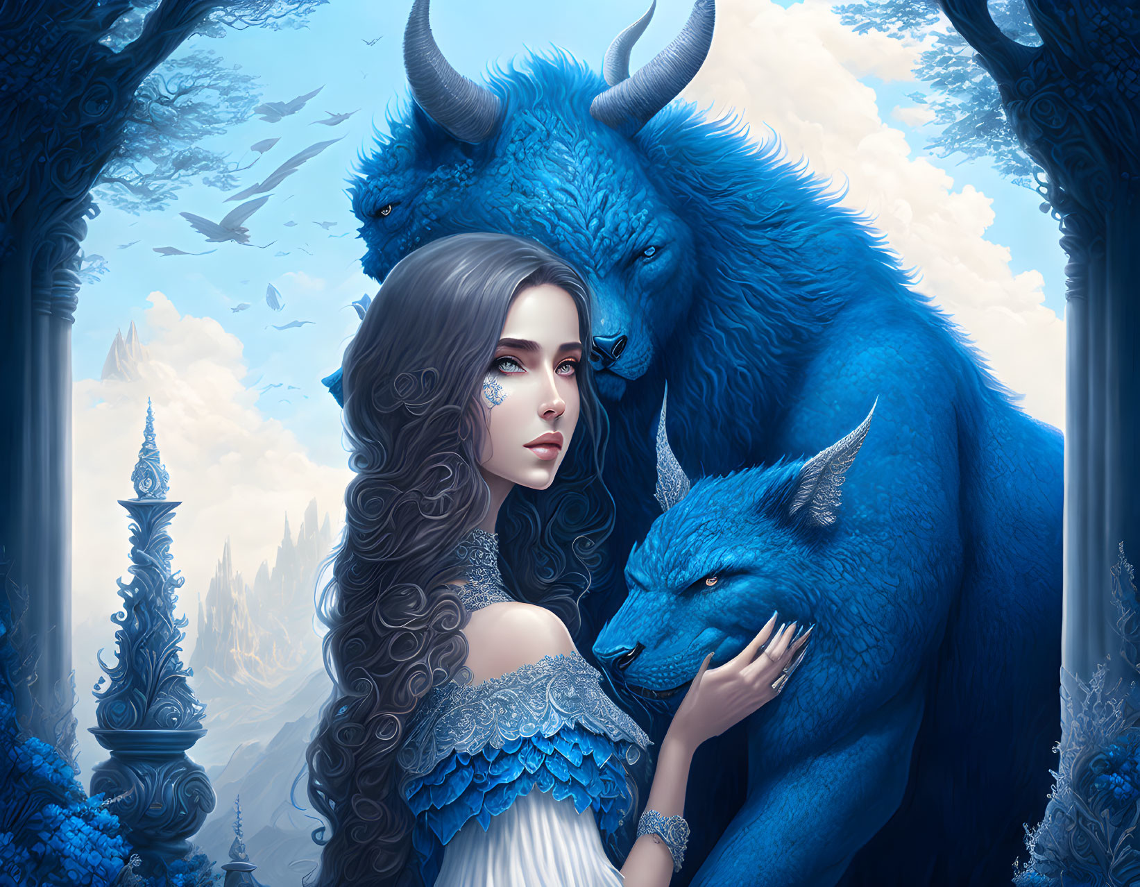 Woman with flowing hair and blue mythical creatures in serene forest.