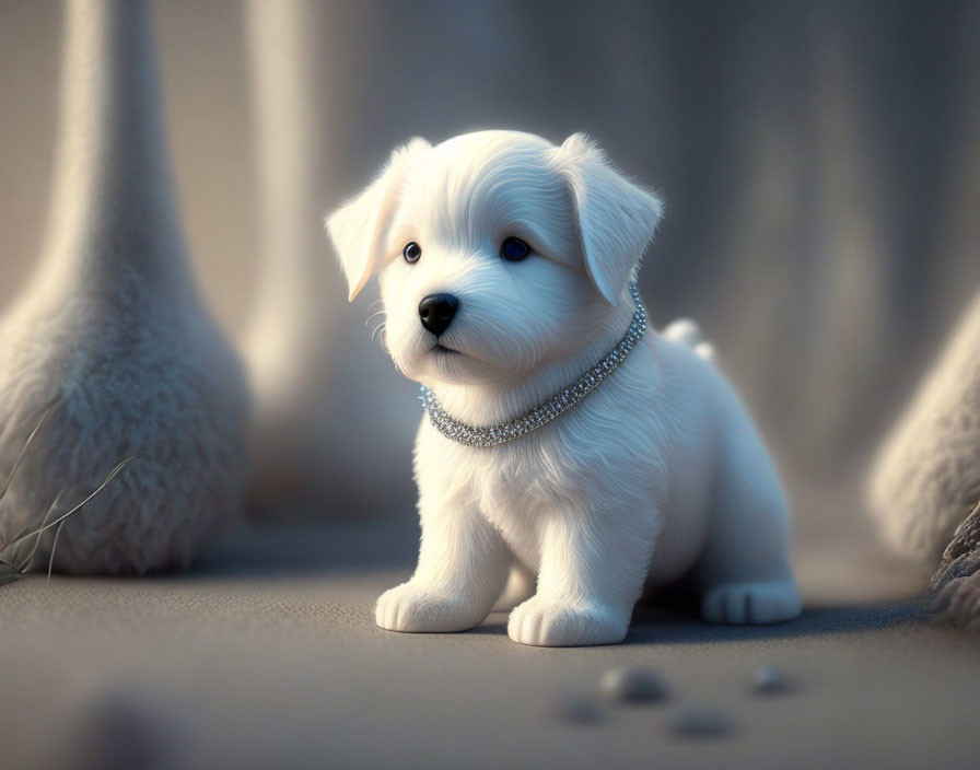 White Puppy with Pearl Necklace Sitting Near Blurred Bird Legs