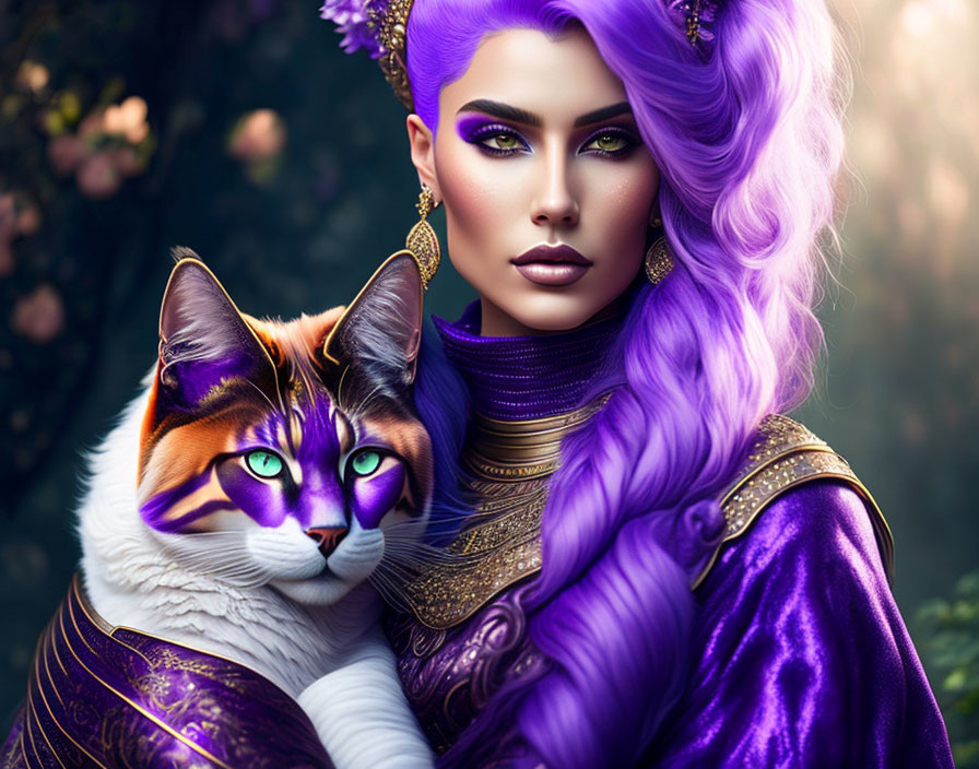 Purple-haired woman and cat in regal attire illustration.