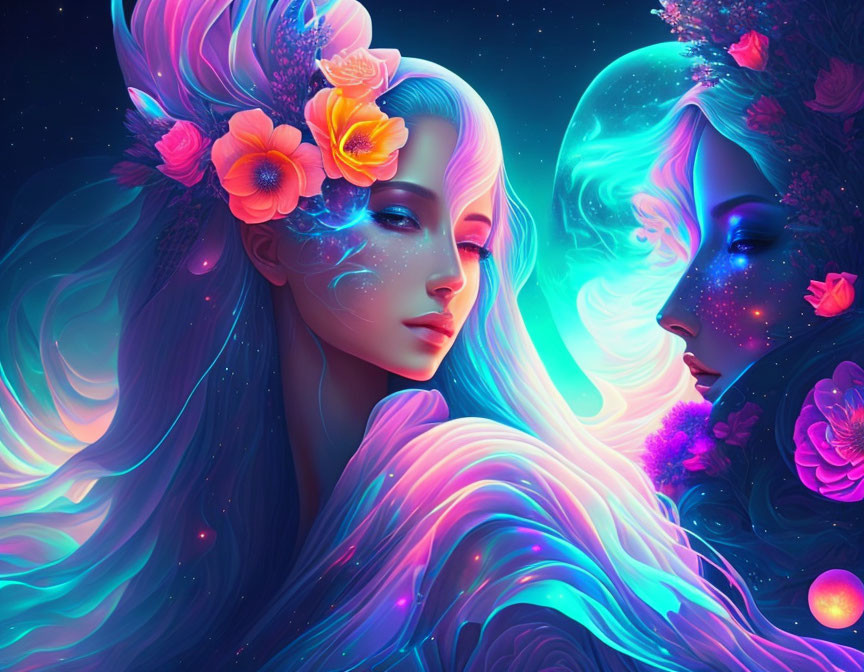 Ethereal female figures with flowing hair and floral adornments in vibrant neon colors