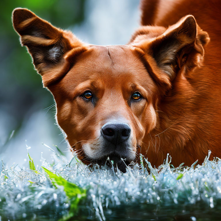 Brown Dog with Erect Ears and Soulful Eyes Lying on Grass