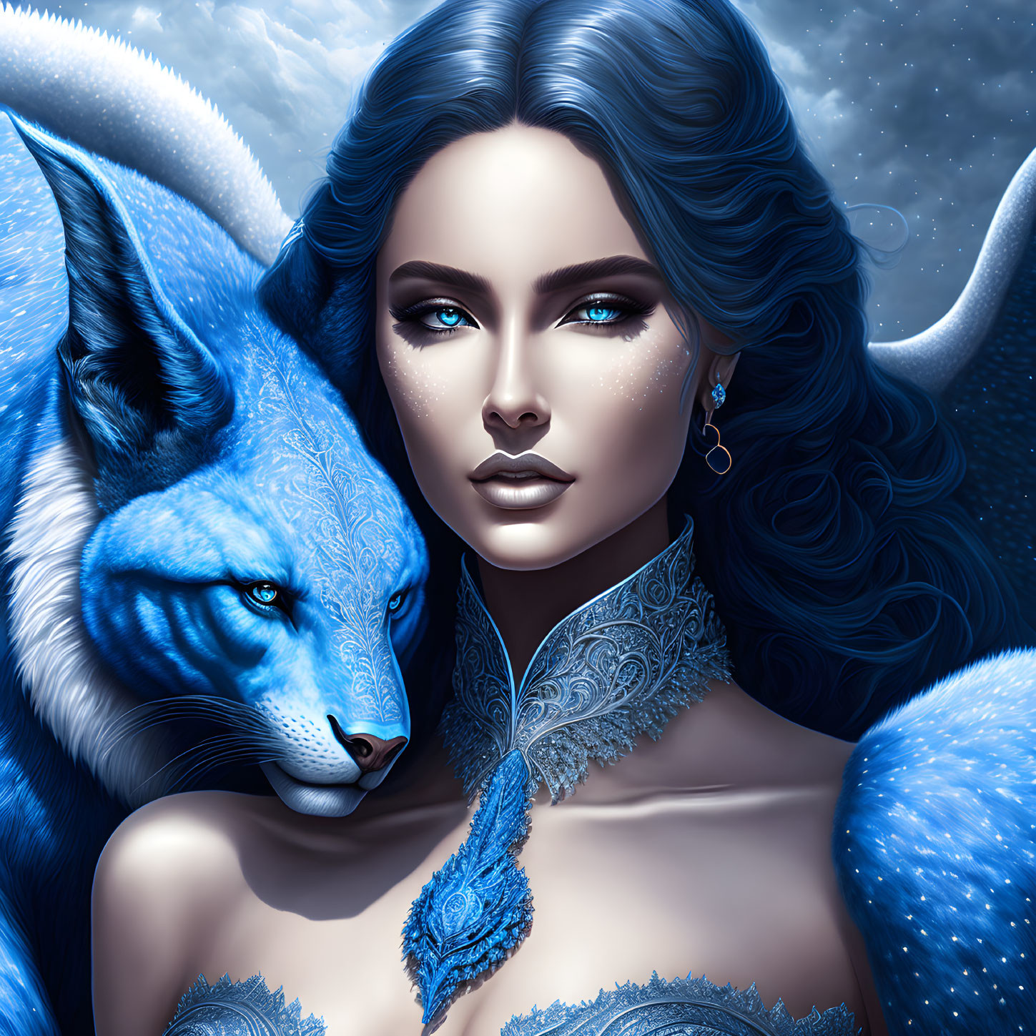 Digital Art: Woman with Blue Hair and Wolf in Mystical Night Scene