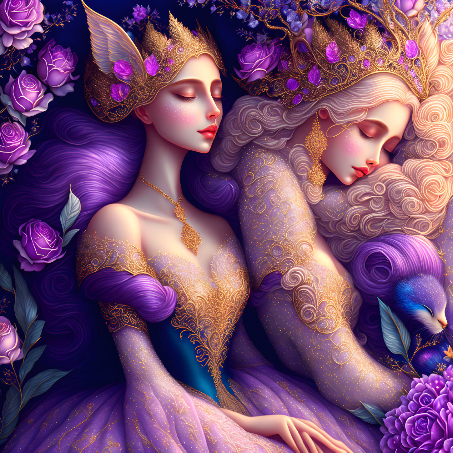 Stylized regal female figures with golden crowns, intricate dresses, purple flowers, and a