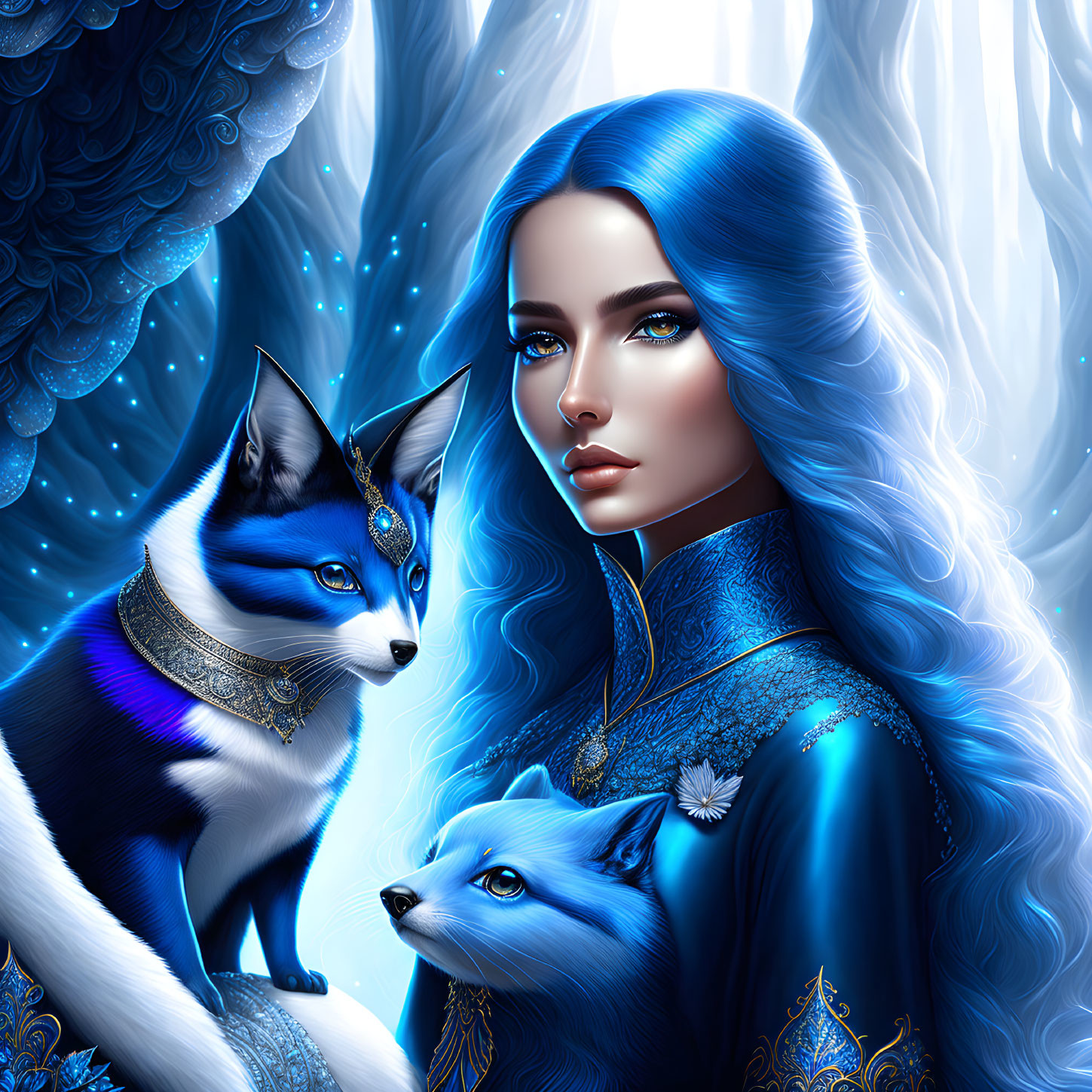 Woman with long blue hair and mystical blue fox-like creatures in enchanted forest