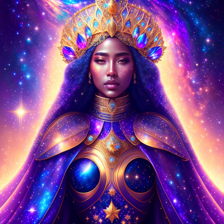 Celestial-themed regal figure in cosmic armor and headdress