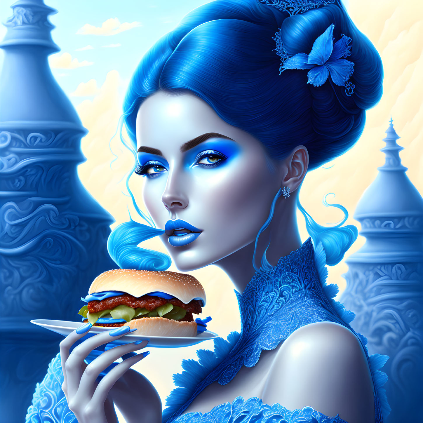 Blue-skinned woman holding a burger in front of blue architecture