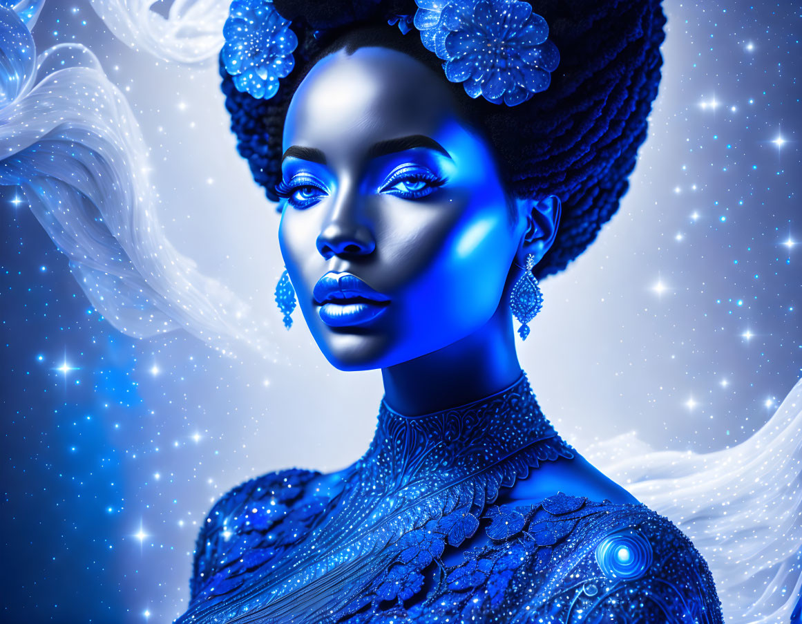 Detailed digital artwork of woman with blue skin in cosmic setting