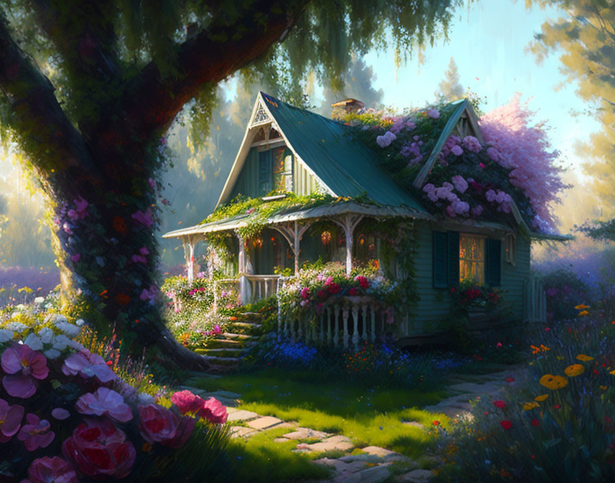 Charming green cottage surrounded by climbing flowers in a lush garden