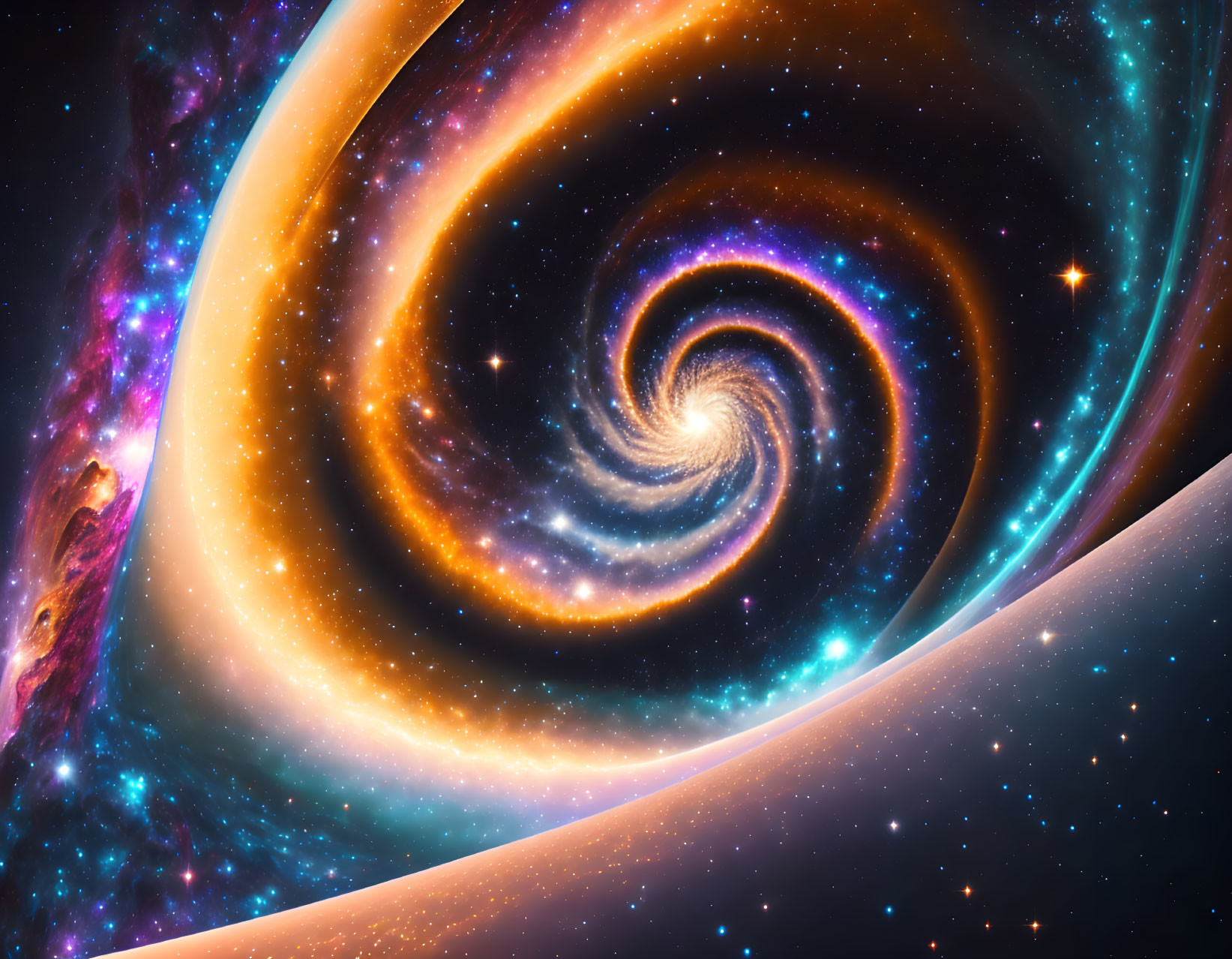 Colorful Cosmic Spiral with Blue and Orange Swirls and Stars