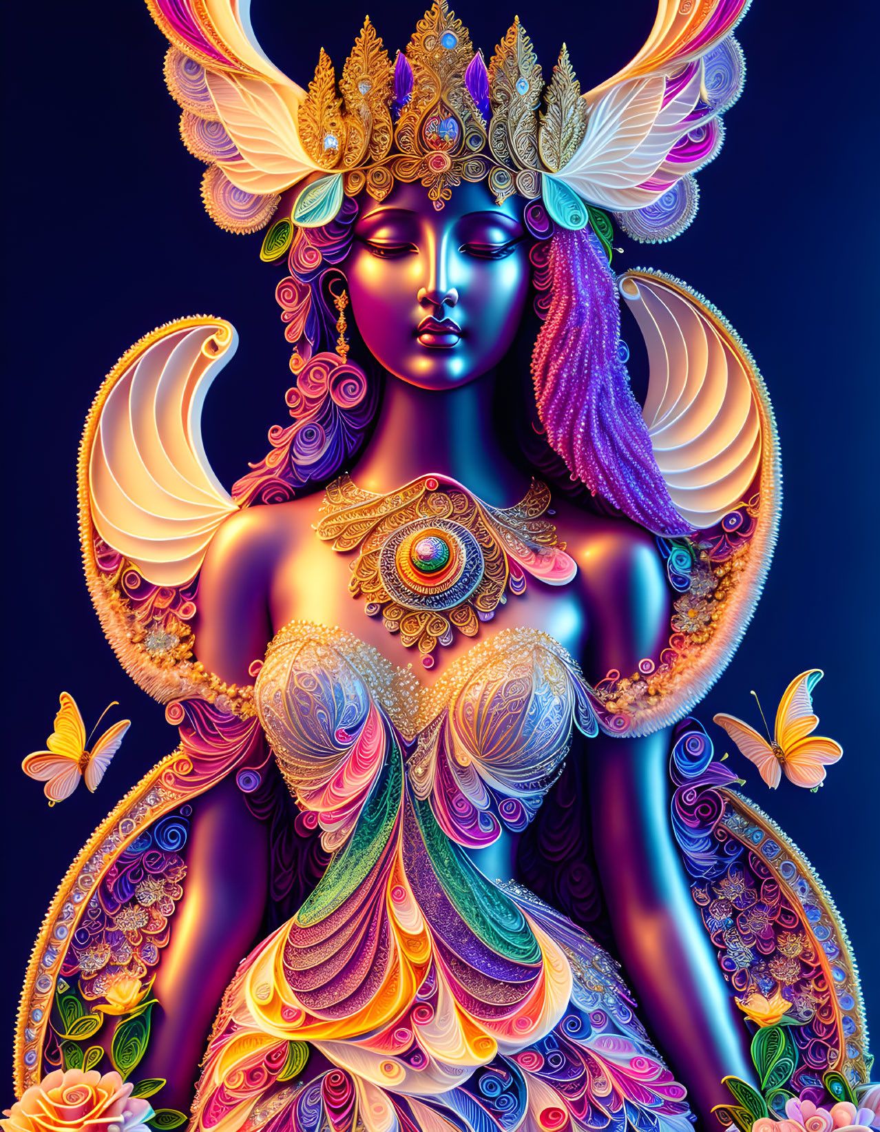 Mythological figure with golden headgear and wings in vibrant digital artwork