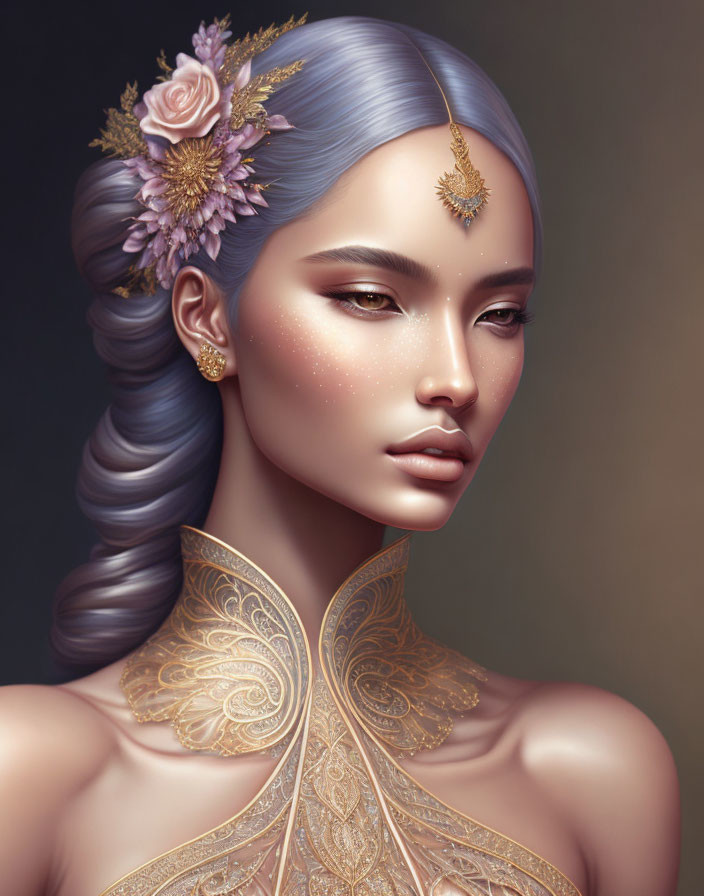 Ethereal woman portrait with blue hair, golden jewelry, and pink flowers.