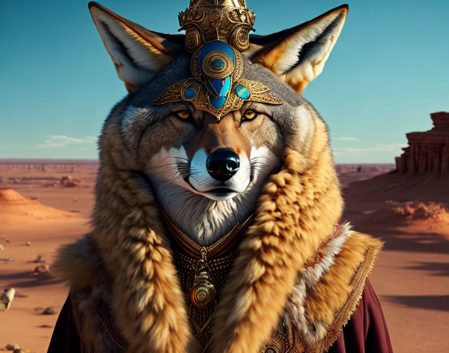 Regal anthropomorphic coyote in desert landscape with headdress and cloak