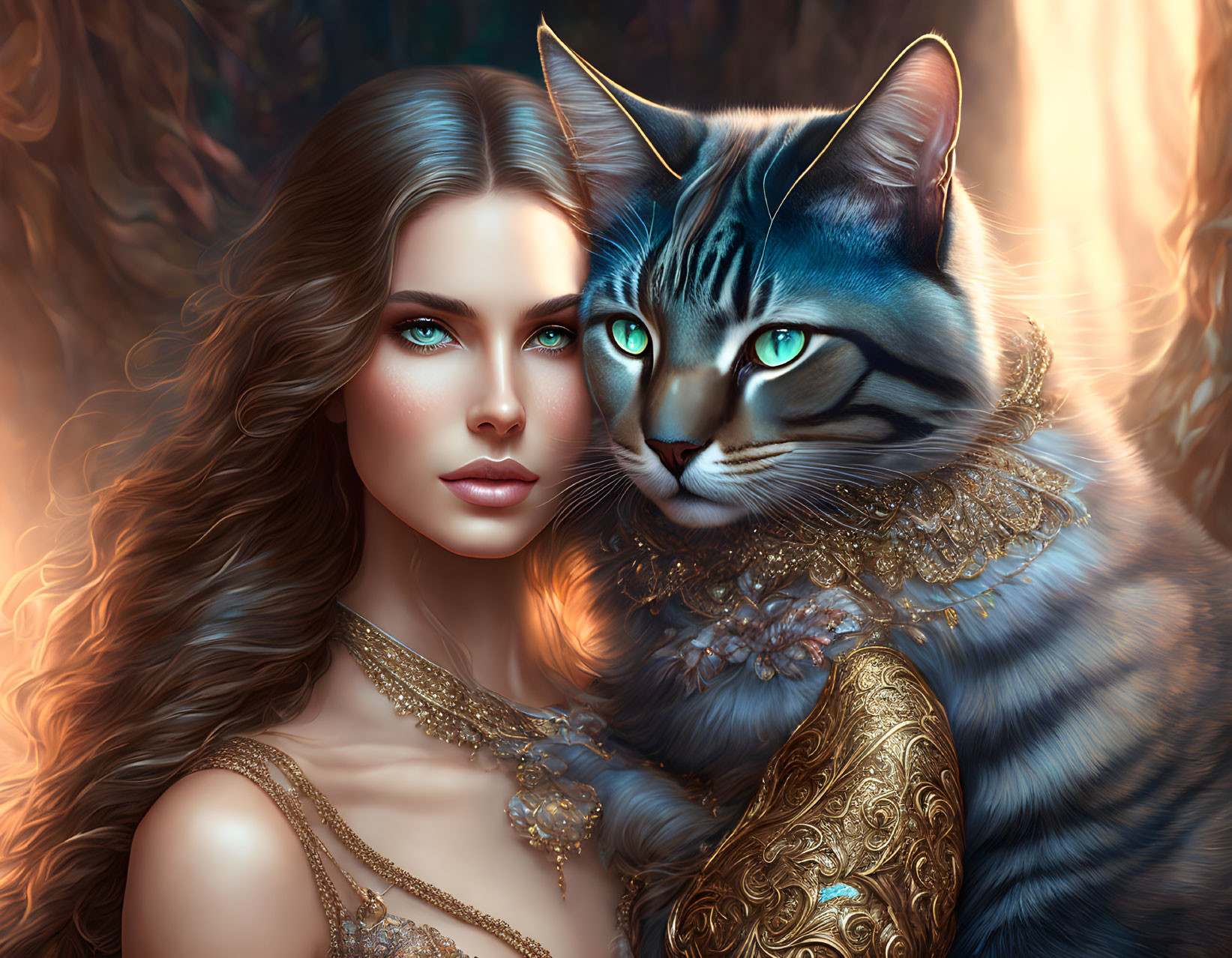 Long-haired woman in gold dress with realistic cat in regal attire