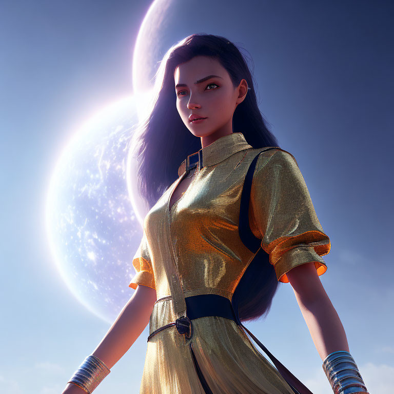 Digital rendering of woman in futuristic gold outfit with eclipse in vivid blue sky