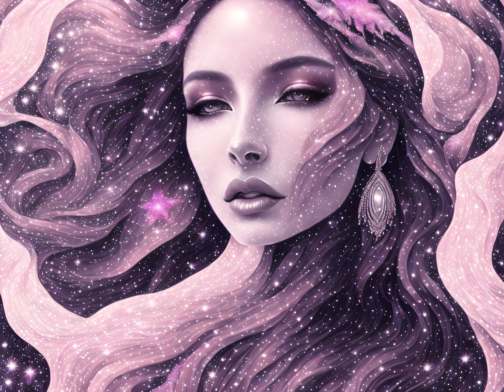 Woman with flowing hair in galaxy motif, stars and nebulae, pink and purple palette