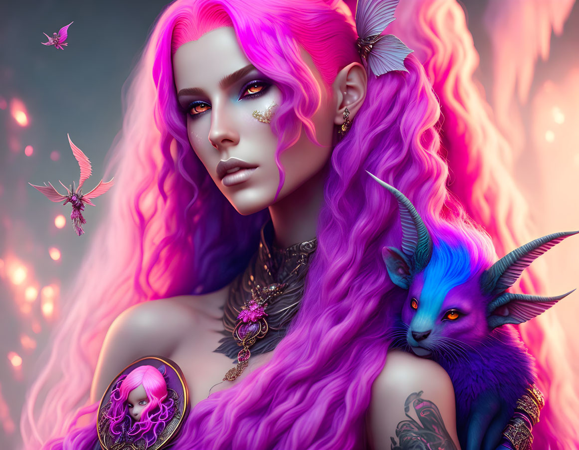 Fantasy illustration: Woman with purple hair, golden adornments, blue creature, flames, flying insects