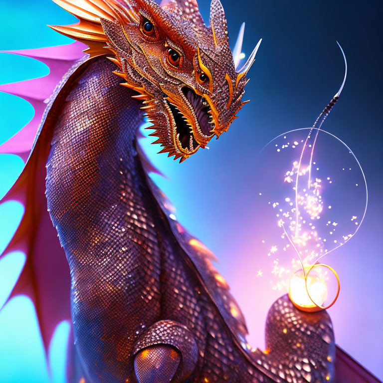 Orange Dragon with Scales and Horns on Blue-Purple Background