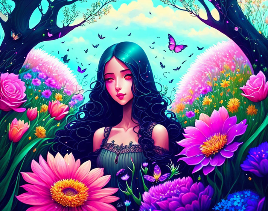 Vibrant illustration of woman with blue hair and nature elements