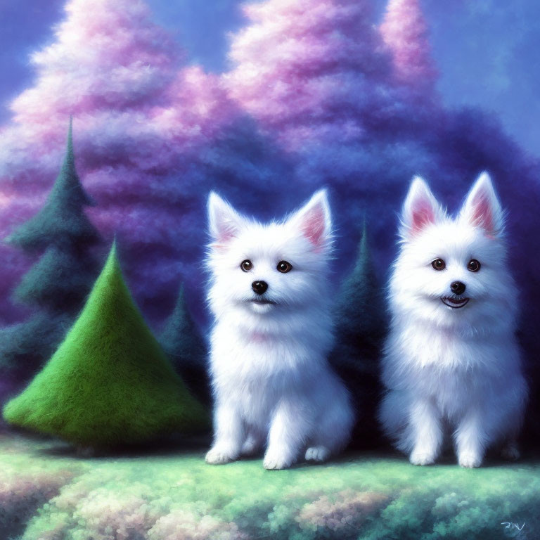 Fluffy white dogs in colorful tree setting under soft blue sky