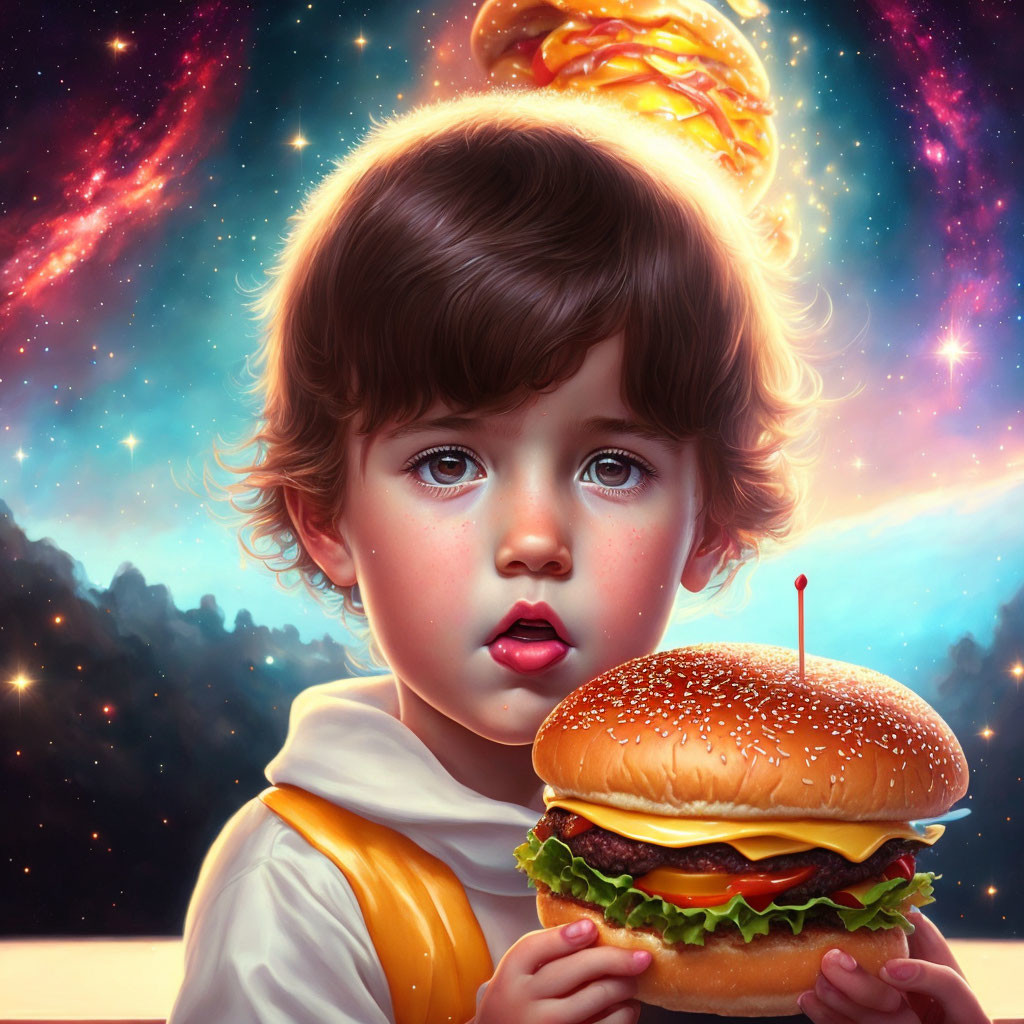 Child holding large hamburger in cosmic setting