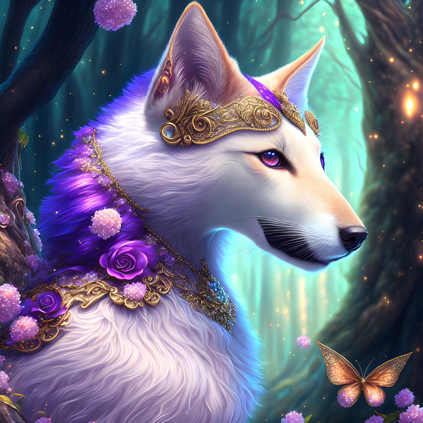 White Fox with Golden Headpiece and Purple Necklace in Enchanted Forest Scene