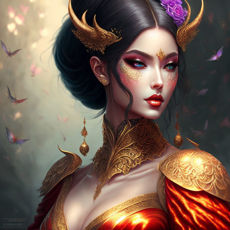 Illustration of woman in gold headpieces, vibrant makeup, red attire, with petals and butterflies.