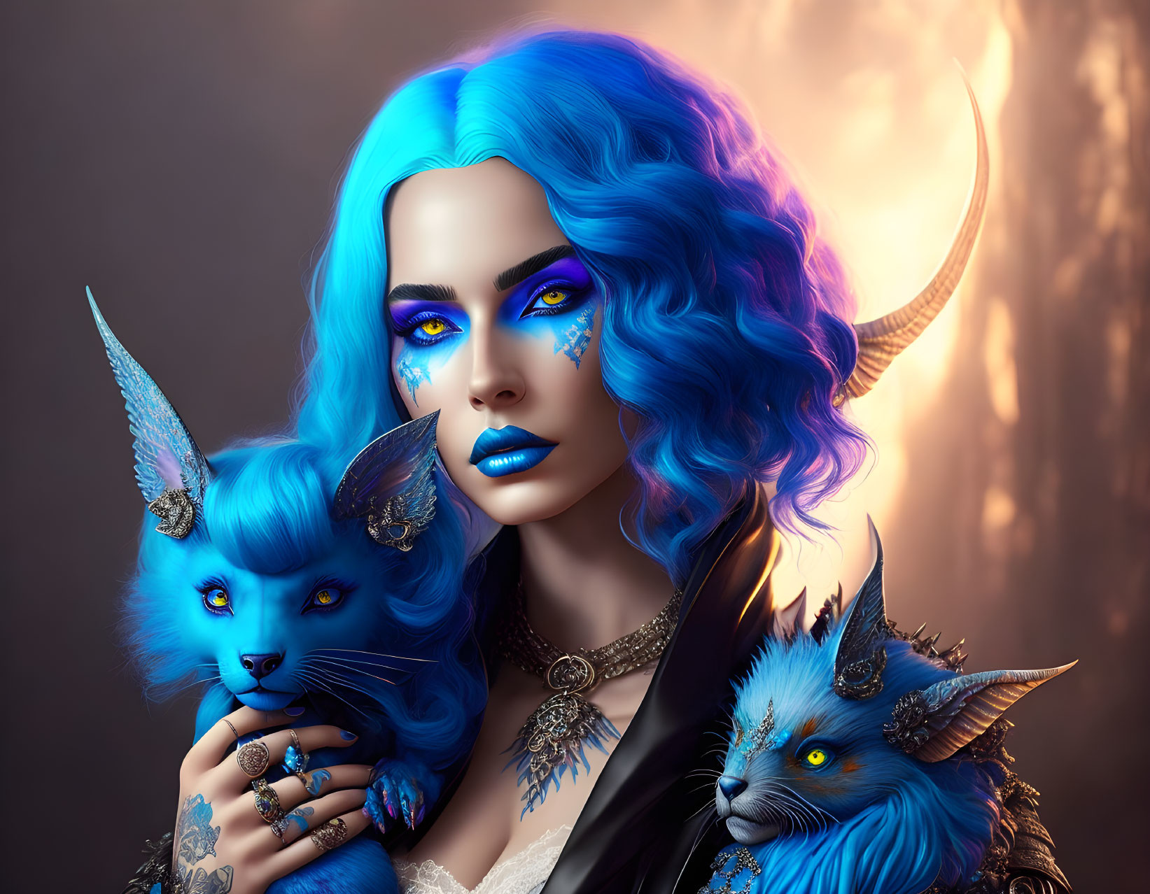 Blue-haired woman holding two fantastical blue creatures with glowing light.