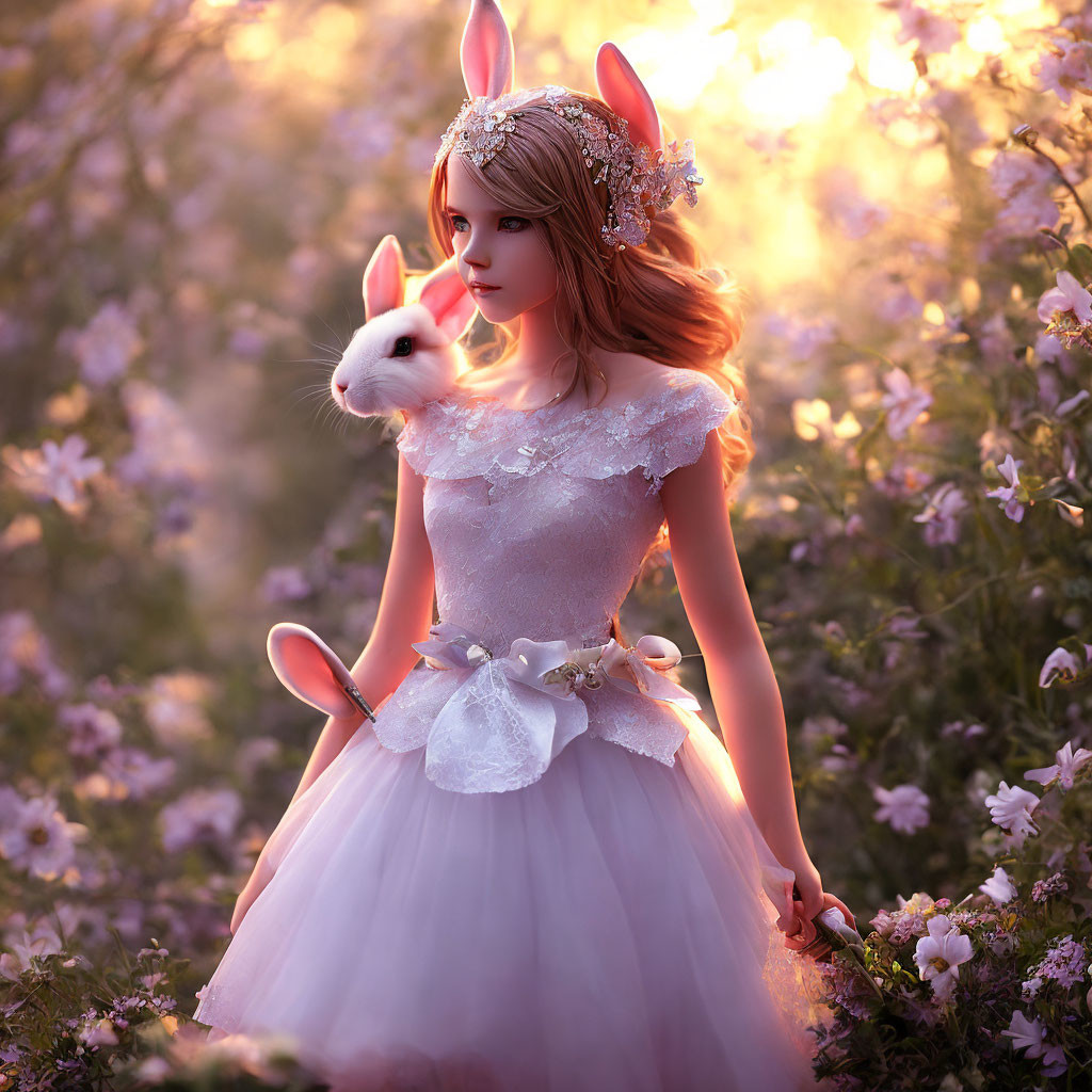 Doll-like figure in white lace dress with rabbit in flower field at sunset