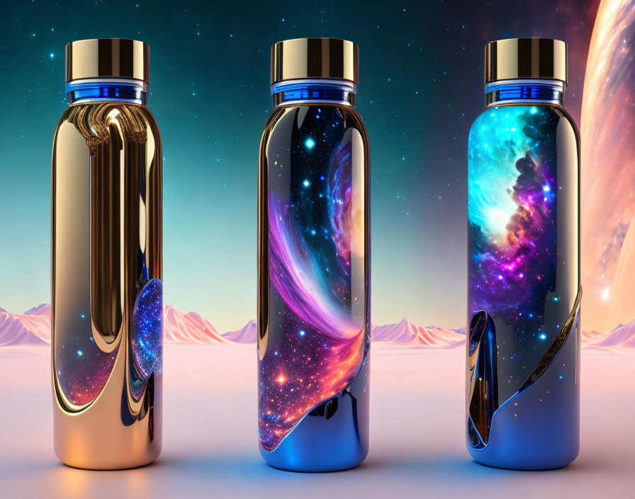 Shiny metallic water bottles with cosmic galaxy designs in surreal desert setting