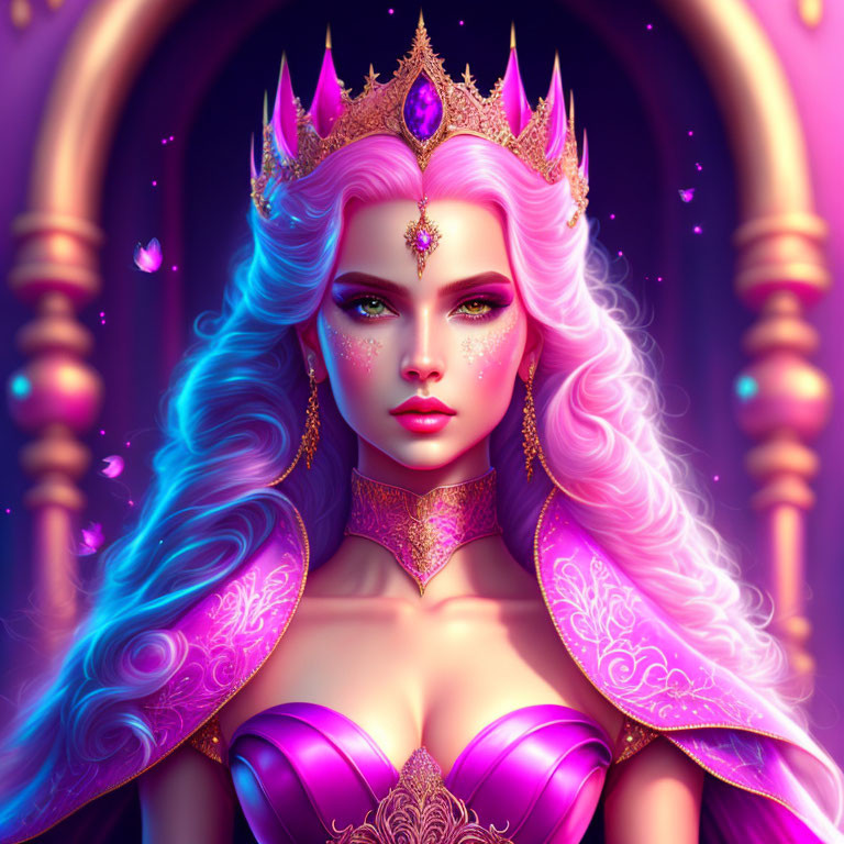 Fantasy queen digital illustration with pink and blue hair, golden crown, ornate purple dress in magical