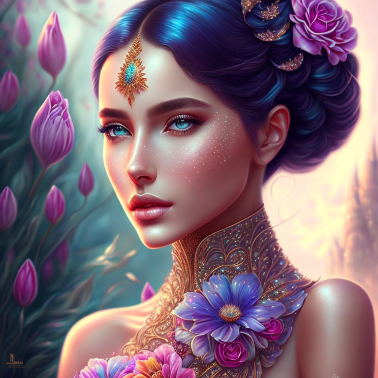 Digital Artwork: Woman with Blue Eyes and Floral Adornments