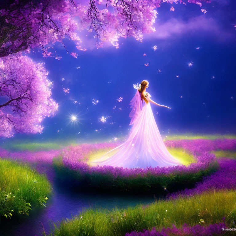 Woman in Pink Gown Amid Fantasy Landscape with Purple Flowers