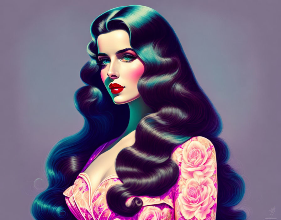 Stylized portrait of a woman with blue-black hair, blue eyes, red lips, pink dress