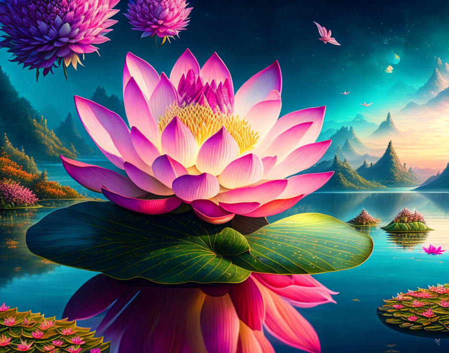 Digital art of pink lotus flower on serene lake with butterflies, mystical mountains, starry sky