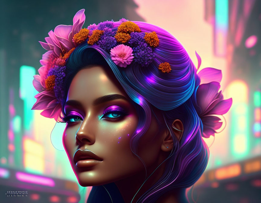 Vibrant purple and blue skin woman with glowing flowers in neon-lit background