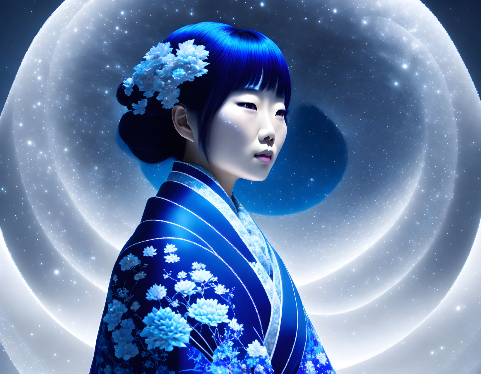 Digital art portrait of woman with blue flowers in hair, kimono with floral designs, in cosmic setting