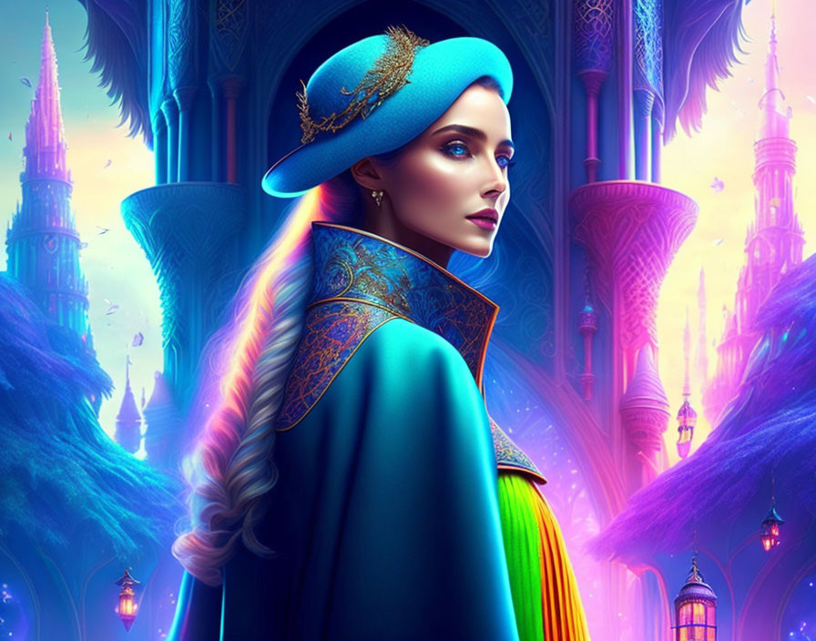 Digital Artwork of Woman with Multicolored Braid in Blue Hat and Cloak against Fantast