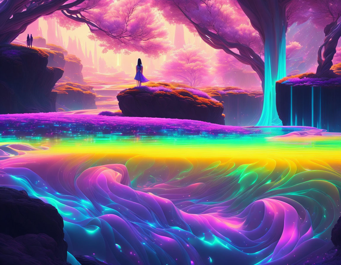 Fantasy landscape with luminescent river, purple trees, and solitary figure.