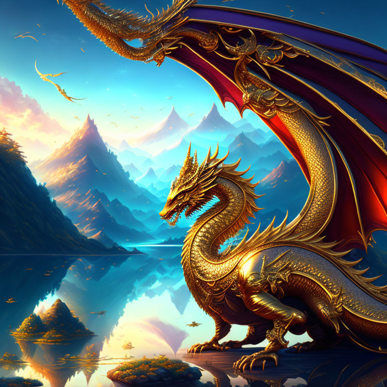 Golden dragon by mountain lake with winged creatures under sunny sky