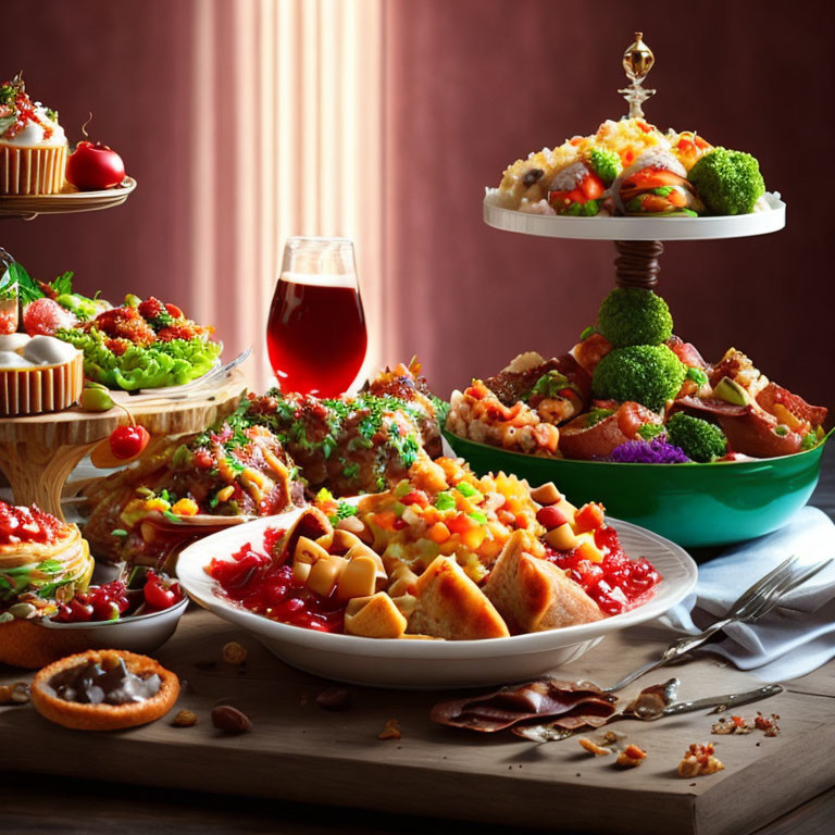 Luxurious assortment of pasta, salads, desserts, and red wine against warm backdrop