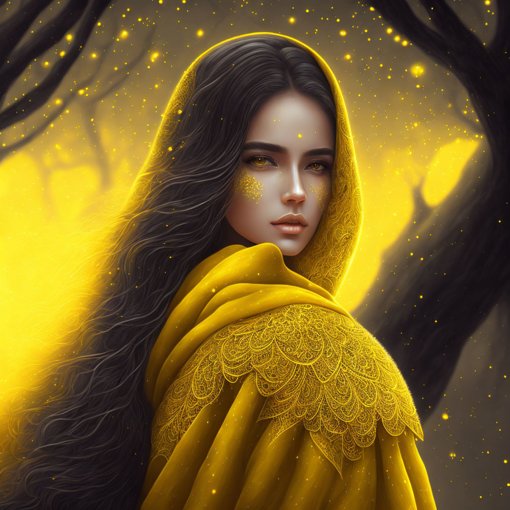 Dark-haired woman in golden cloak against mystical forest background