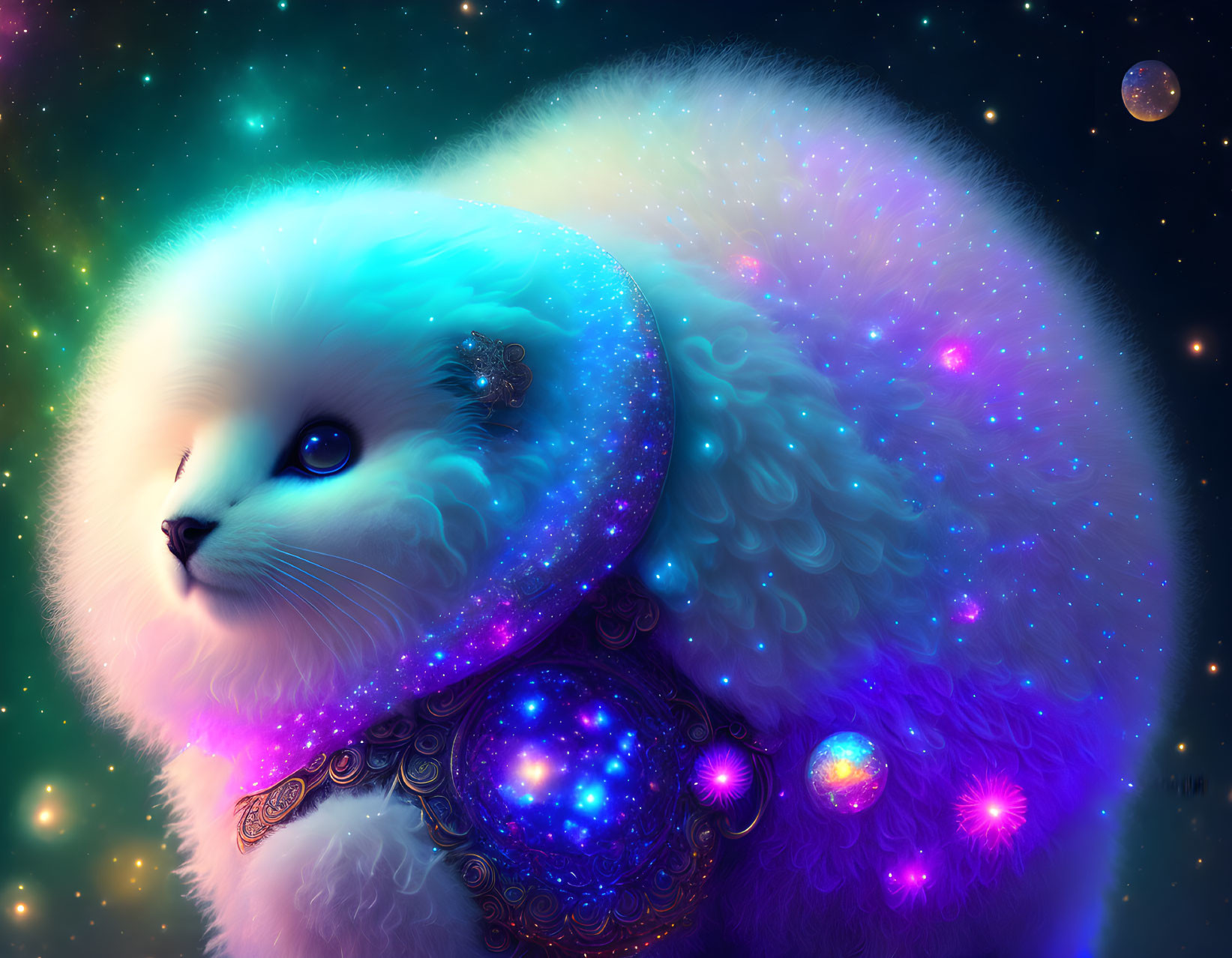 White Cat-Like Creature with Universe Mane in Space Scene