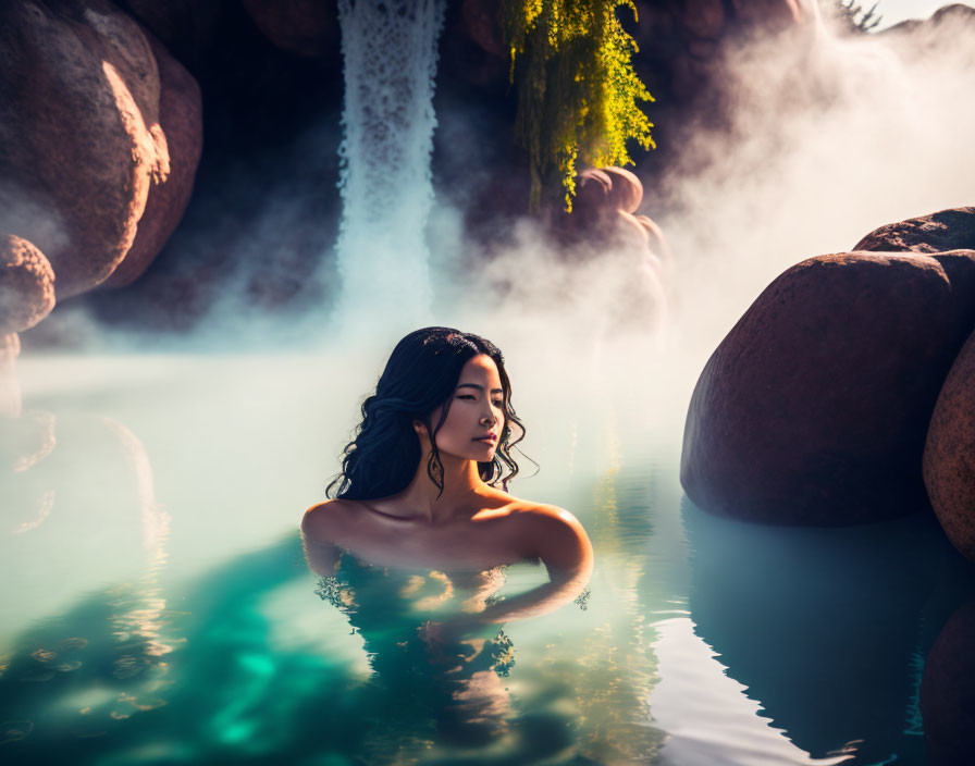 Person relaxing in outdoor hot spring with waterfall and mist.