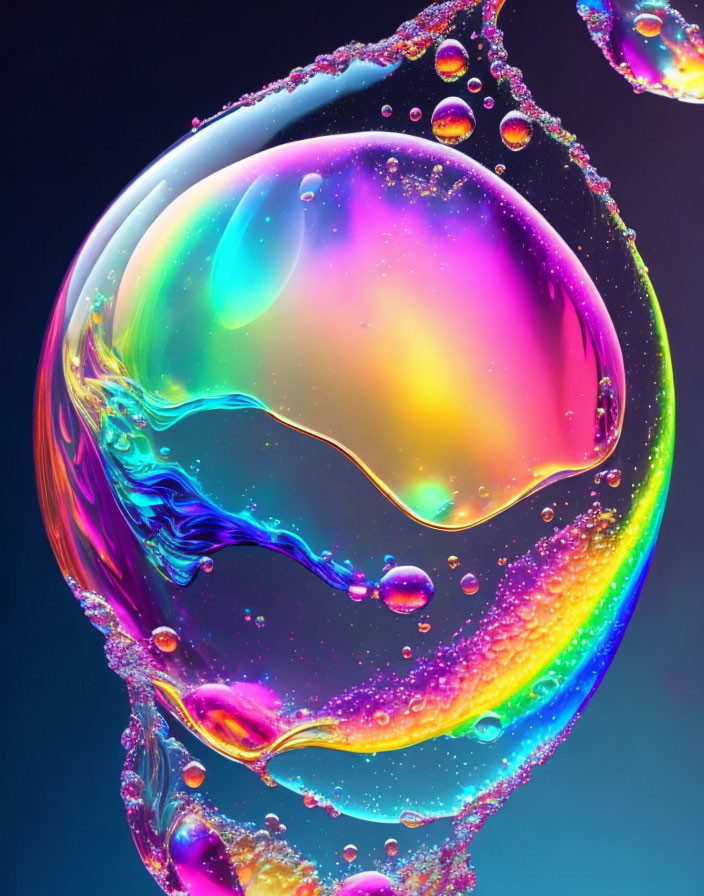 Colorful iridescent soap bubble close-up against dark background