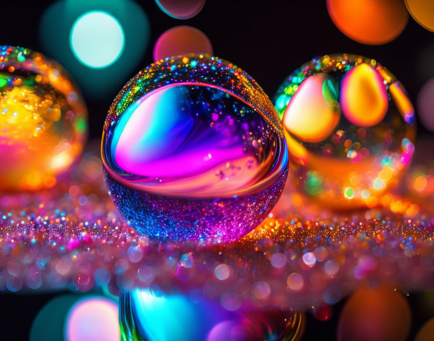 Vibrant water droplets on reflective surface with glitter and bokeh lights