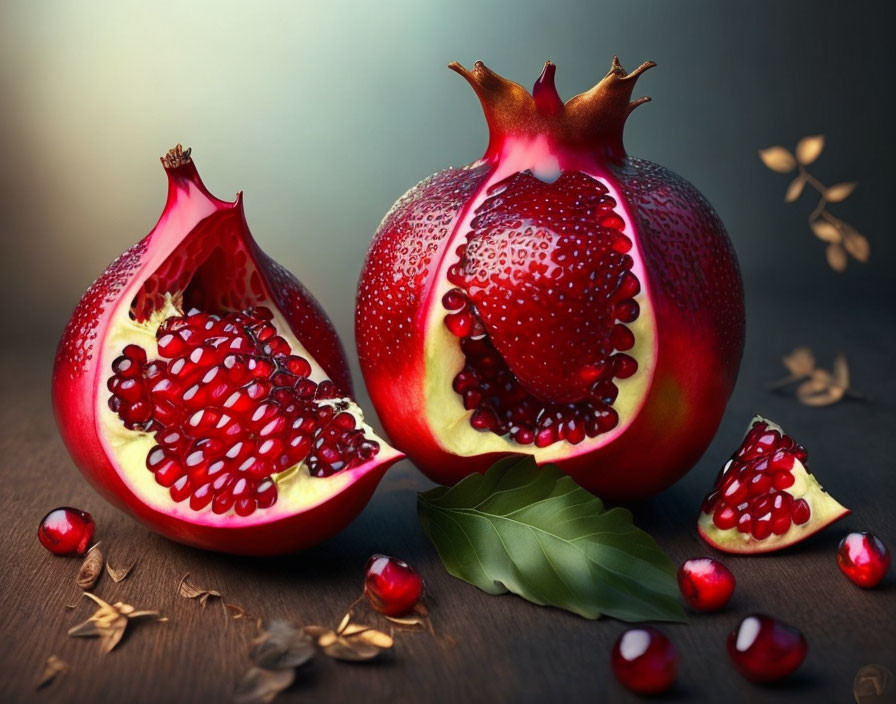 Sliced pomegranate with seeds, whole fruit, loose seeds, green leaf, moody