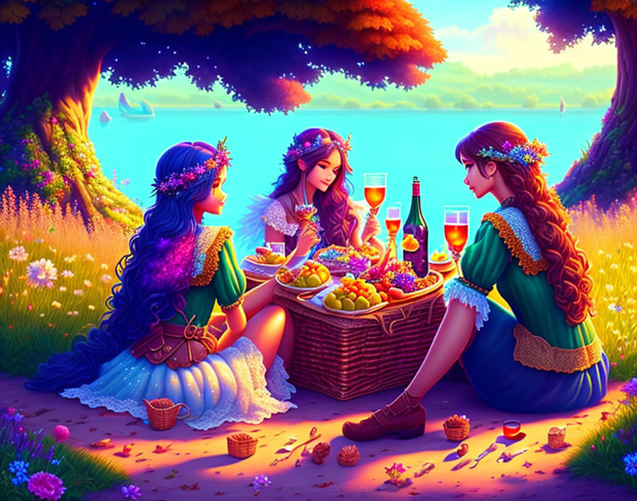 Vibrant fantasy setting: Animated characters picnic by serene lake