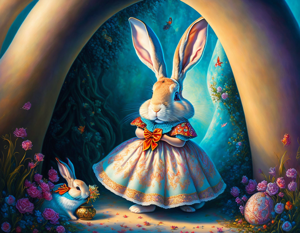 Anthropomorphic rabbit in fancy dress with pocket watch in magical forest with smaller bunny.