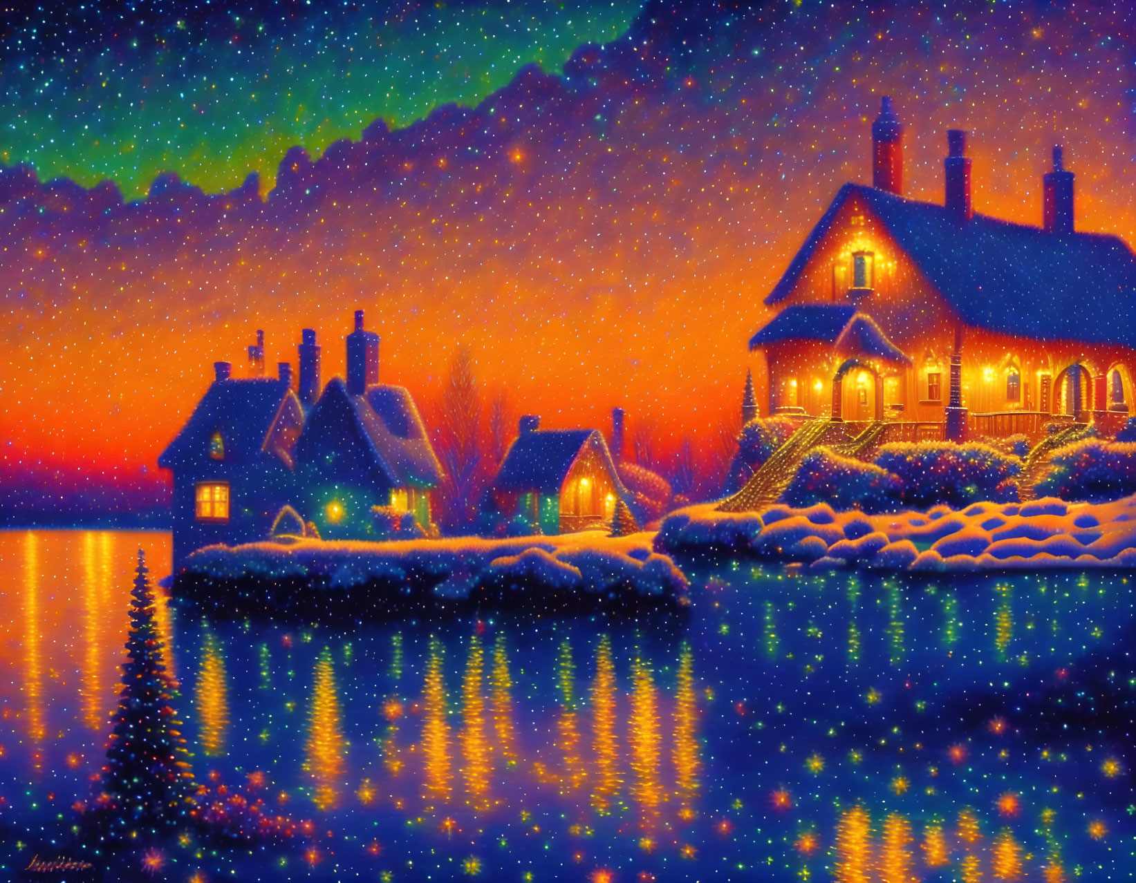 Snow-covered houses and starry sky in tranquil lakeside winter scene